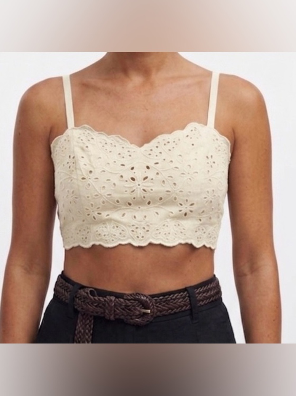 Madewell White Linen Blend Eyelet Button Back Crop Top